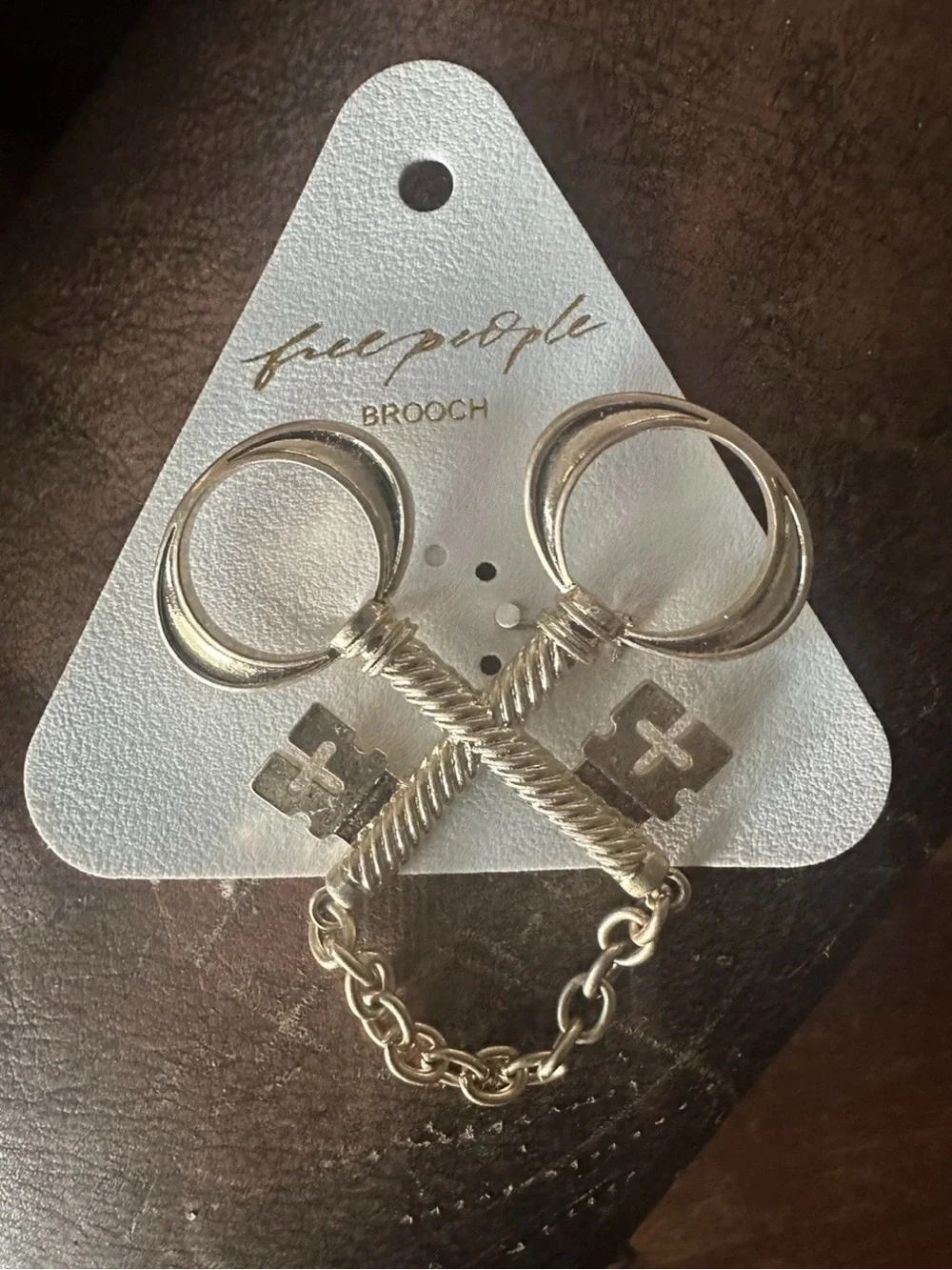 Free People Gold Tone Double Skeleton Key Brooch Chain Swag Pin NWT